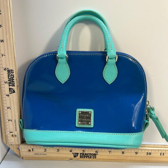 Dooney Bourke Handbags - Dooney Bourke Women's Blue Patent Leather Satchel Purse Aqua Trim Small Handbag